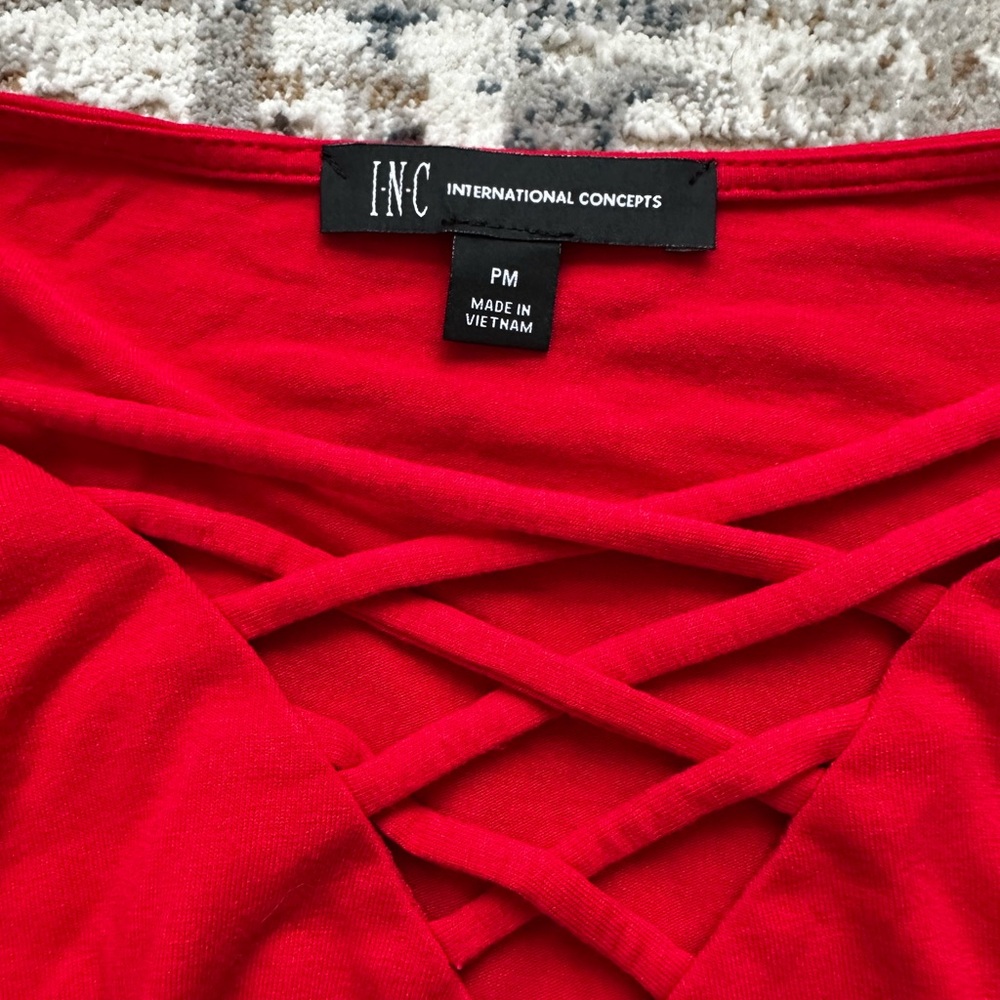 INC International Concepts Red Crisscross Short Sleeve Top - Picture 2 of 3
